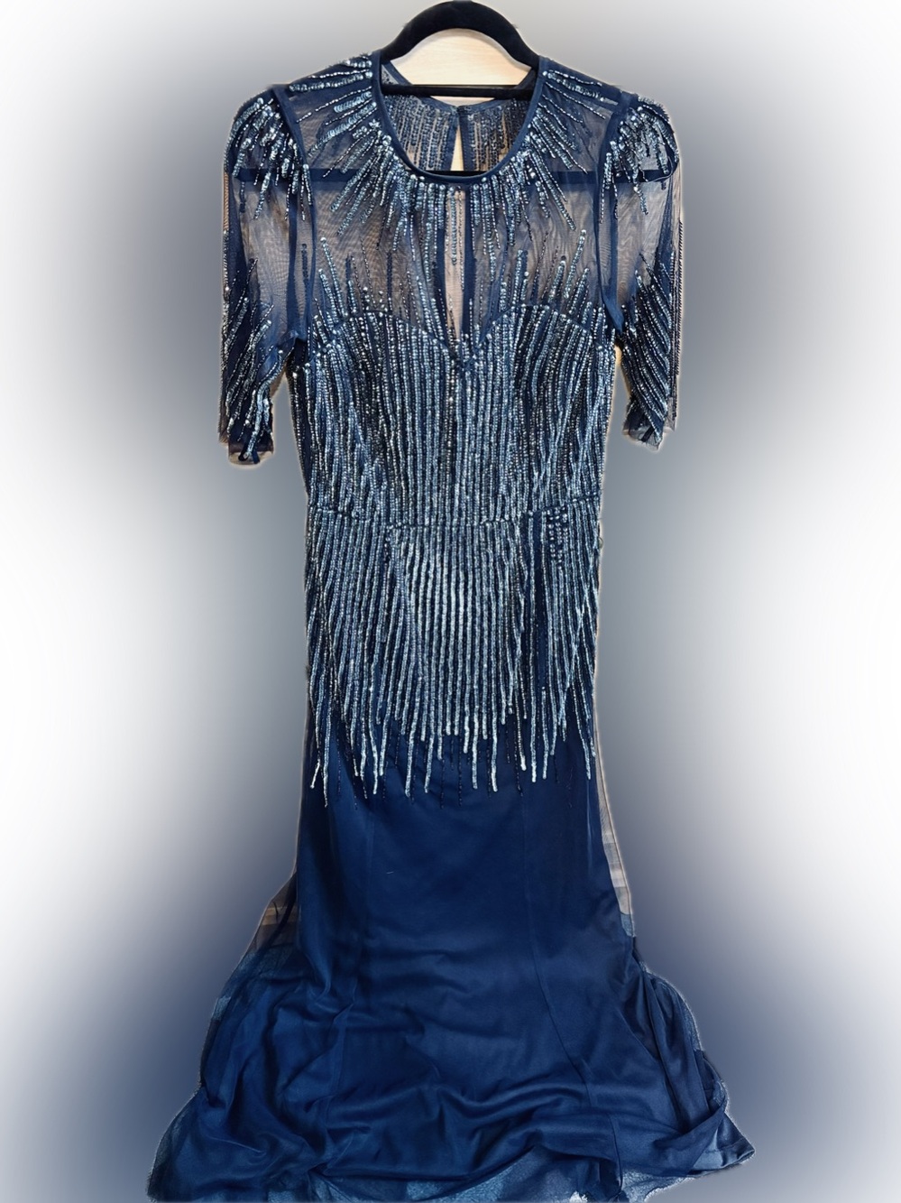 Adrianna Papell Navy Beaded Long Sleeve Evening Gown